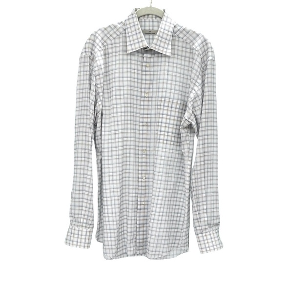 ERMENEGILDO ZEGNA WHITE W BLUE & BROWN GRID PATTERN CHECKED COTTON DRESS SHIRT - Picture 7 of 11